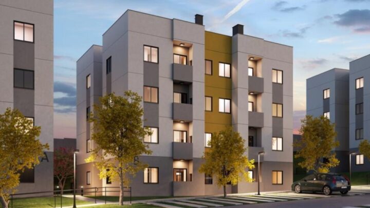Empreendimento Porto Aurora: torres residenciais idênticas de térreo mais três pavimentos executadas em parede de concreto